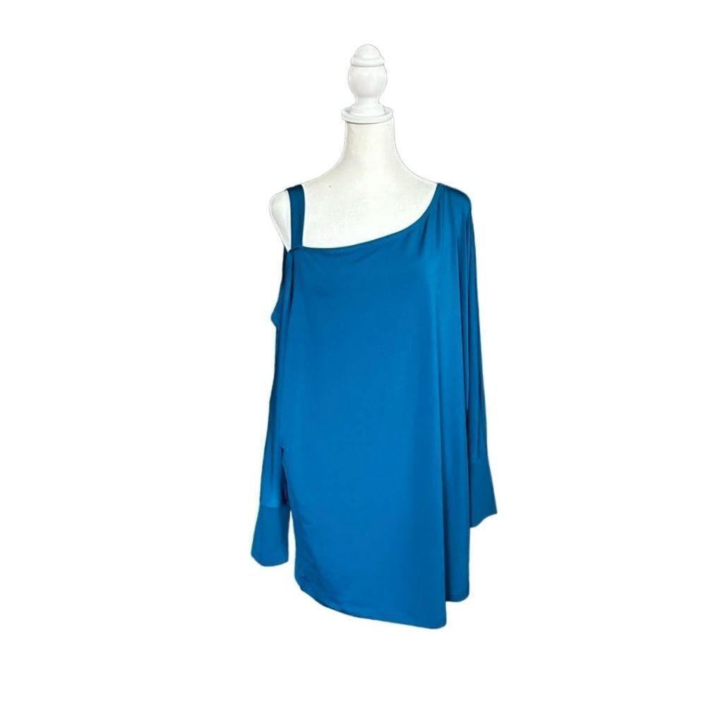 New York & Company Blue Dolman Long Sleeve One Shoulder Tunic Top Size Medium